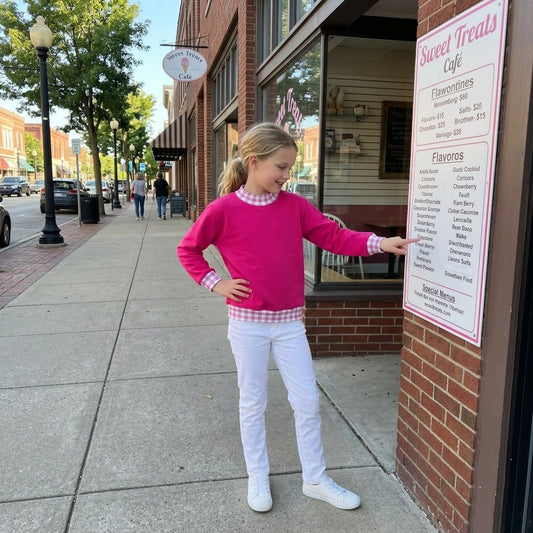 GT1800 Hot Pink With Gingham Plaid Trim Girls Long Sleeve Sweatshirt Tops