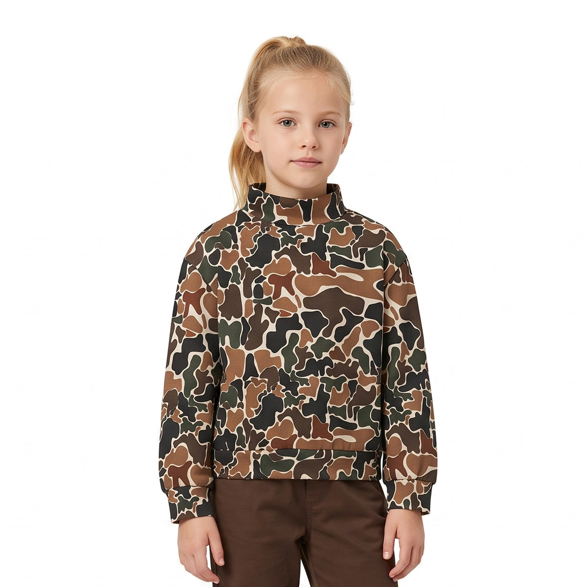 GT1812 Brown Camo Print Girls Mock Neck Yoga Long Sleeve Tee Shirts Top