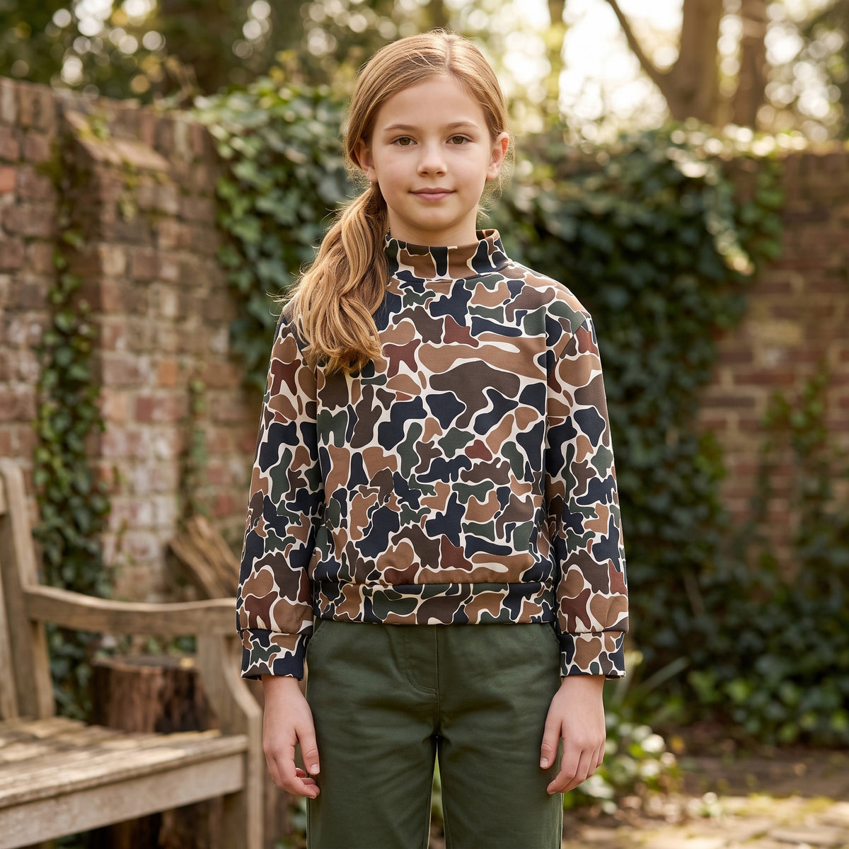 GT1812 Brown Camo Print Girls Mock Neck Yoga Long Sleeve Tee Shirts Top