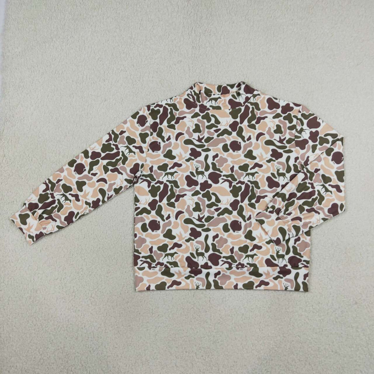 GT1818 Adult Brown Khaki Camo Print Woman Mock Neck Long Sleeve Tee Shirts Top