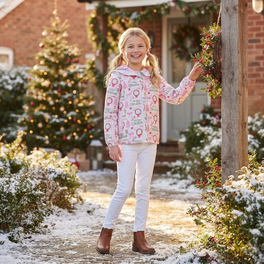 GT1822 Tree Bows Pink Checkered Print Girls Christmas Zipper Hoodie Jackets Top