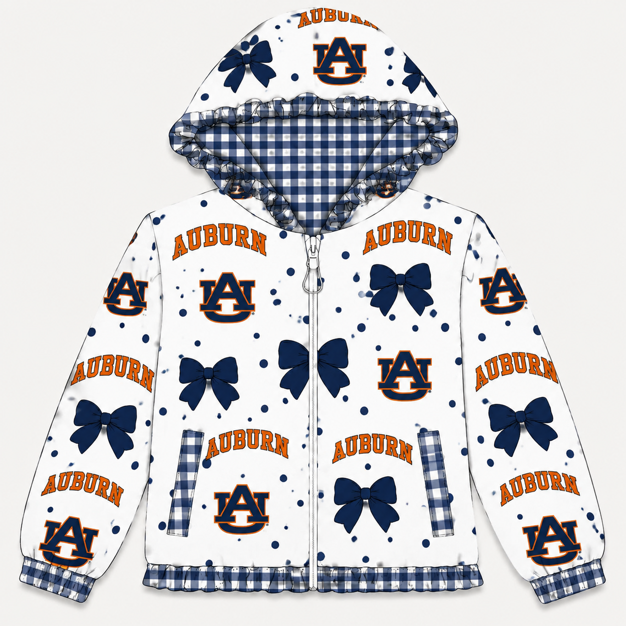 9.5 Preorder Baby Girls Sport Team Auruen Navy Bow Gingham Trim Long Sleeve jacket
