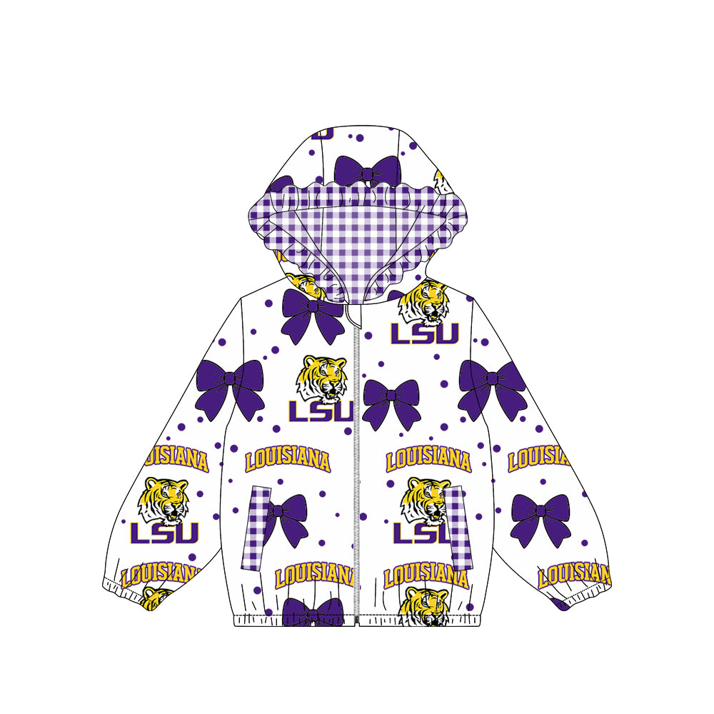 9.5 Preorder Baby Girls Sport Team  LSU  Bow Gingham Trim Long Sleeve jacket
