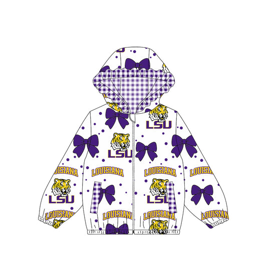 9.5 Preorder Baby Girls Sport Team  LSU  Bow Gingham Trim Long Sleeve jacket