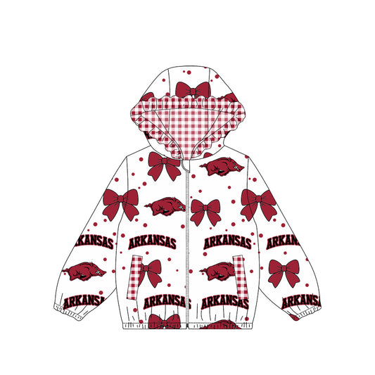 9.5 Preorder Baby Girls Sport Team  Arkansas Bow Gingham Trim Long Sleeve jacket