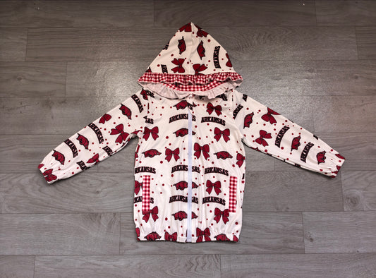9.5 Preorder Baby Girls Sport Team  Arkansas Bow Gingham Trim Long Sleeve jacket