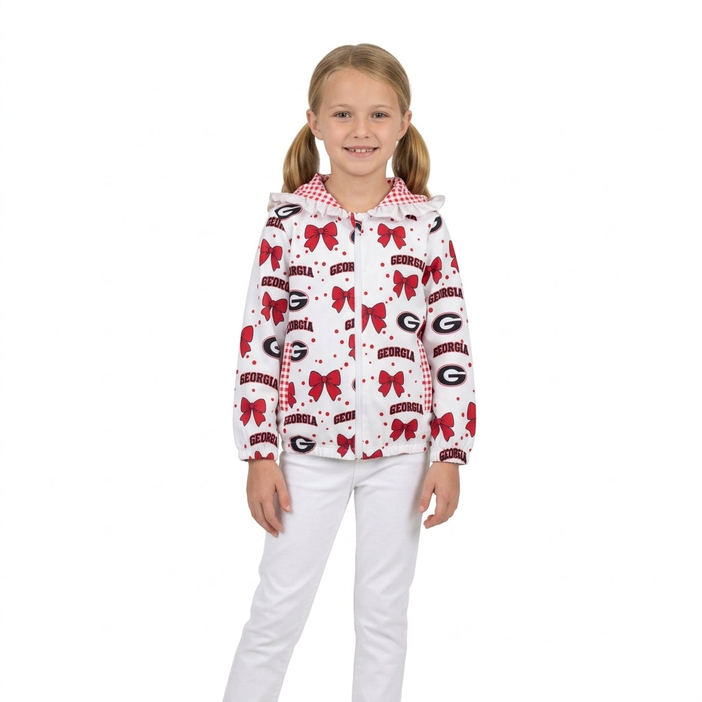 GT1831 Baby Girls Sport Team Georgia Bow Gingham Trim Long Sleeve Zip Jackets Top