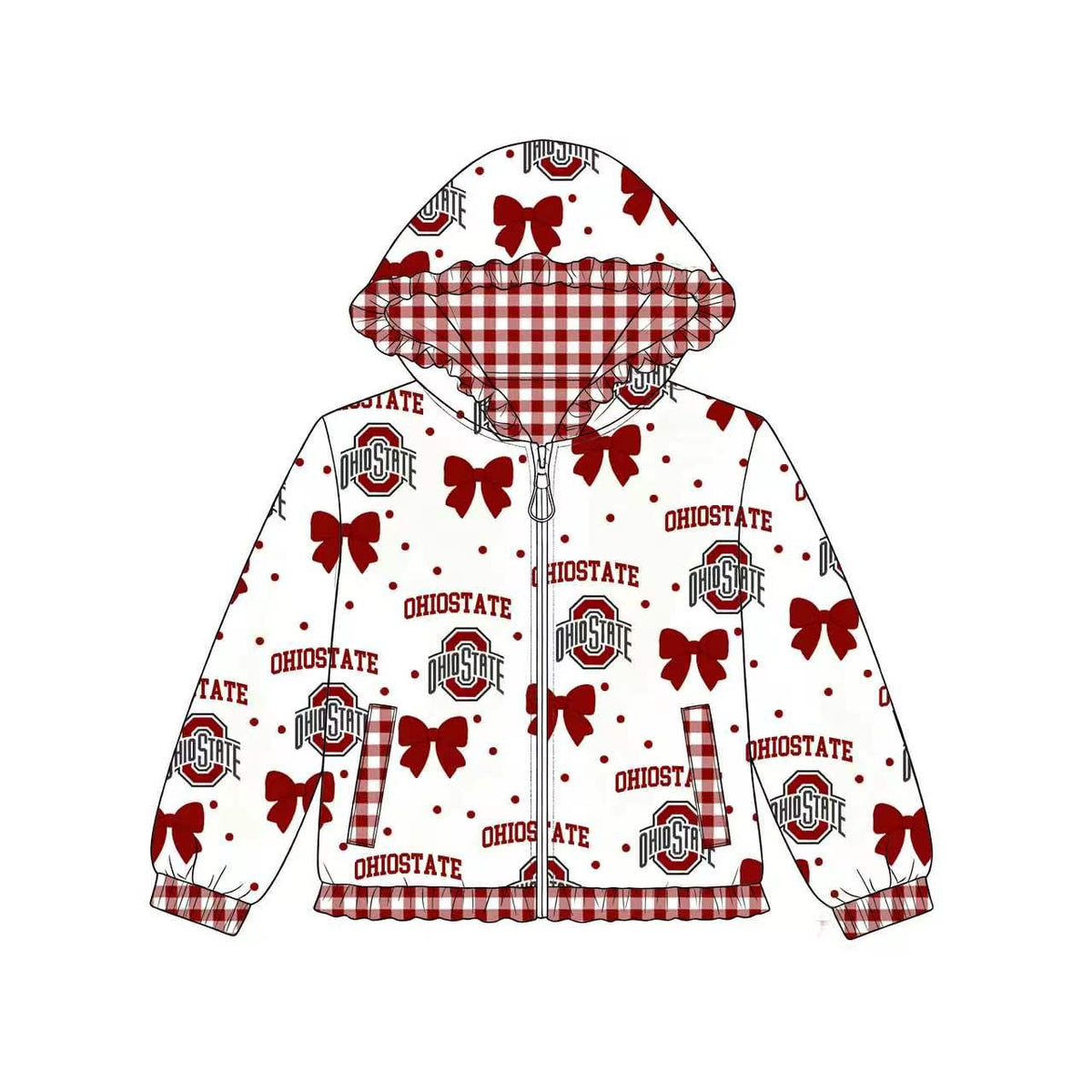 8.10 GT1833 Preorder Team OHIO STATE Bow Checkered Print Girls Long Sleeve Zipper Pockets Hoodie Jacket Top