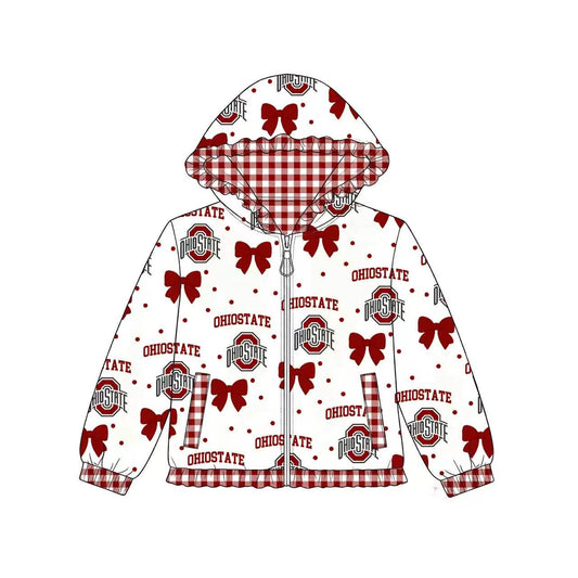 8.10 GT1833 Preorder Team OHIO STATE Bow Checkered Print Girls Long Sleeve Zipper Pockets Hoodie Jacket Top