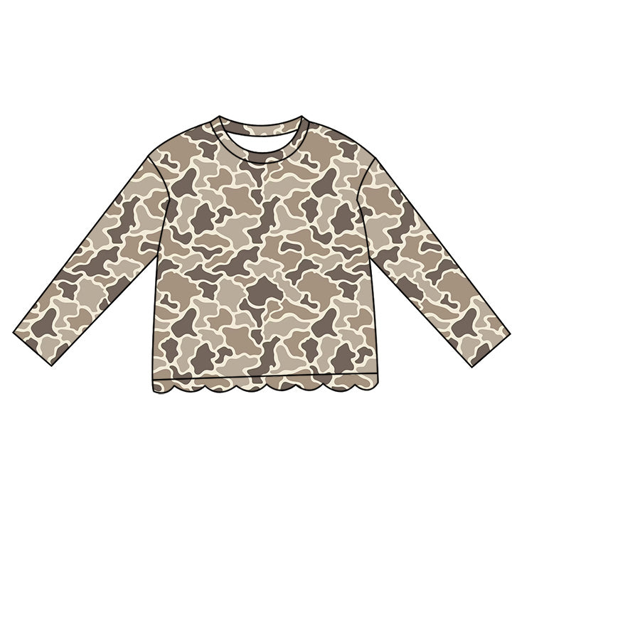 8.10 Preorder Kids Girls  Khaki Camo Long Sleeve  Scalloped Top