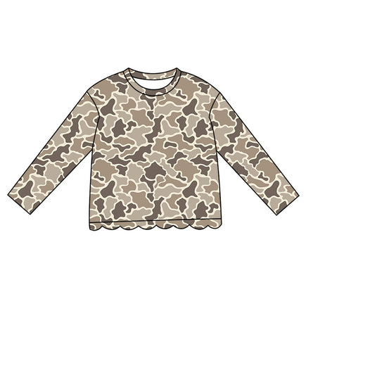 8.10 Preorder Kids Girls  Khaki Camo Long Sleeve  Scalloped Top