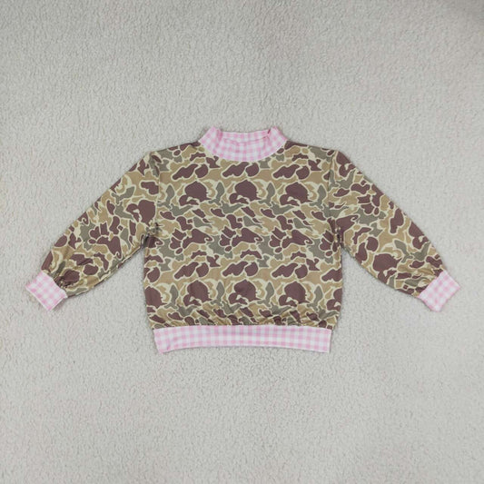 GT1841 Brown Camo Pink Gingham Print Girls Mock Neck Sweatshirt Top