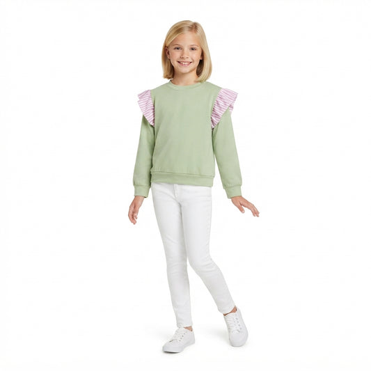 GT1847 Girls Green Striped Flutter Sleeve Sweatshirt Tops