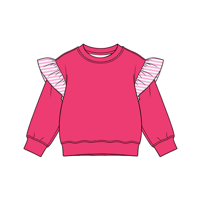 8.15 Preorder Kids Girls Pink Striped  Flutter Long Sleeve Hot Pink Top