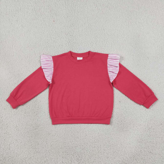 GT1848 Girls Watermelon Red Striped Flutter Sleeve Sweatshirt Tops