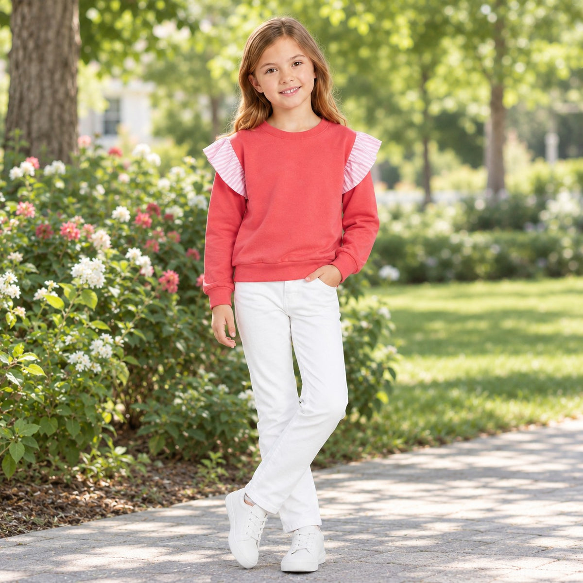 GT1848 Girls Watermelon Red Striped Flutter Sleeve Sweatshirt Tops
