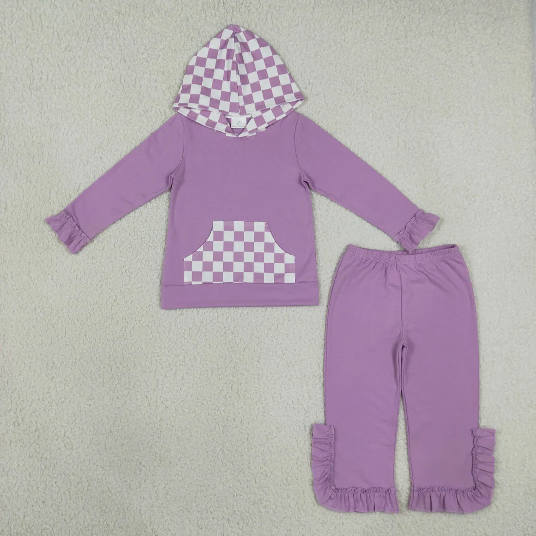 Sibling Kids Girls  Solid Cotton Long Sleeve Checked Pocket Hoodie Ruffle Pants Outfit