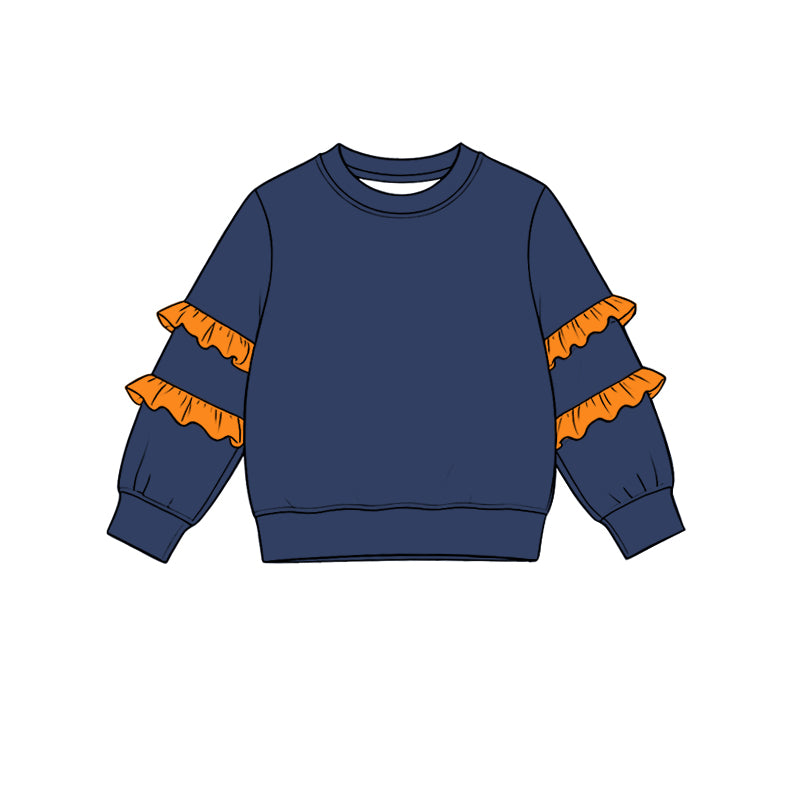 8.19 Preorder Girls Navy Sweatshirt Double Orange Ruffle Long Sleeve Kids Fall Pullover Top