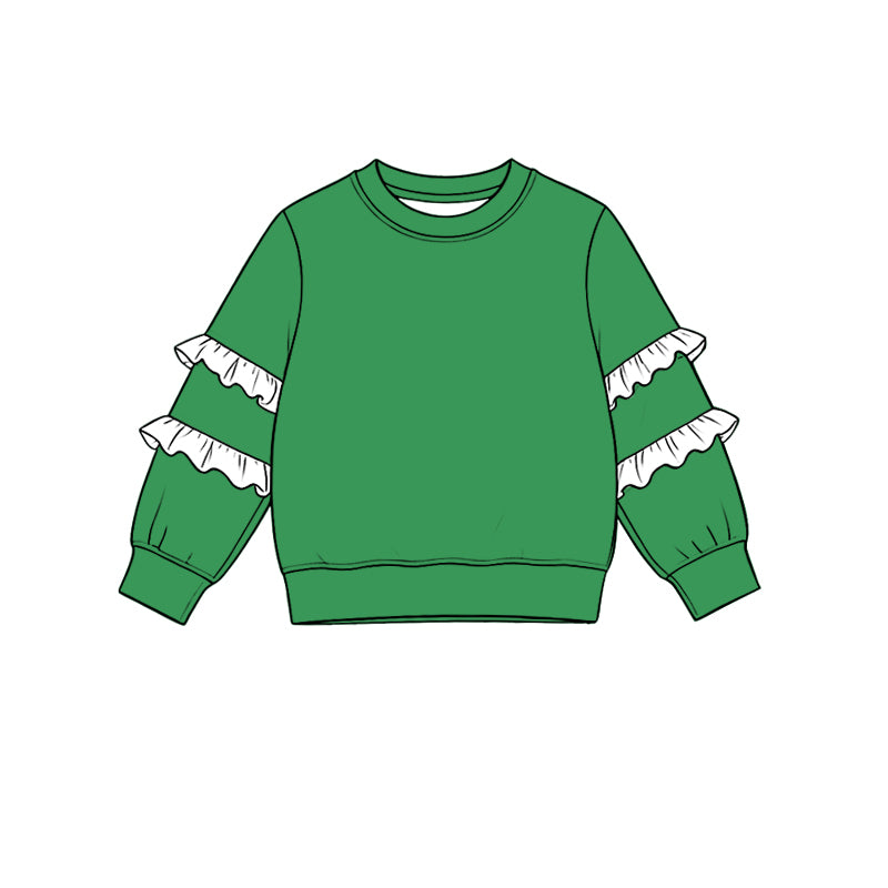 8.19 Preorder Girls Green Sweatshirt Double White Ruffle Long Sleeve Kids Fall Pullover Top