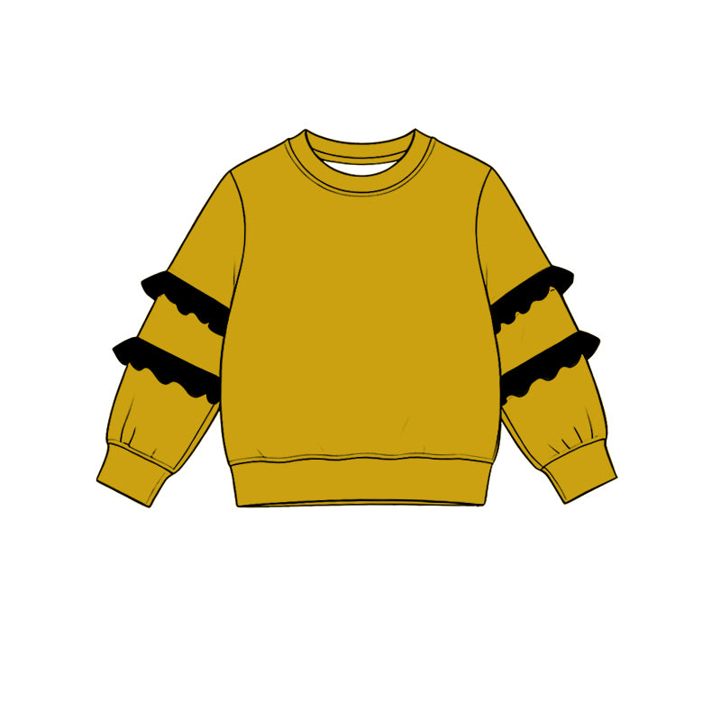 8.19 Preorder Girls Yellow Sweatshirt Double Black Ruffle Long Sleeve Kids Fall Pullover Top