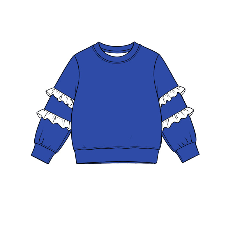 8.19 Preorder Kids Girls Royal Blue White Ruffle Fall Pullover Top