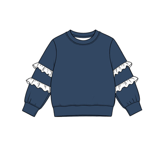 8.19 Preorder Girls Navy Sweatshirt Double White Ruffle Long Sleeve Kids Fall Pullover Top