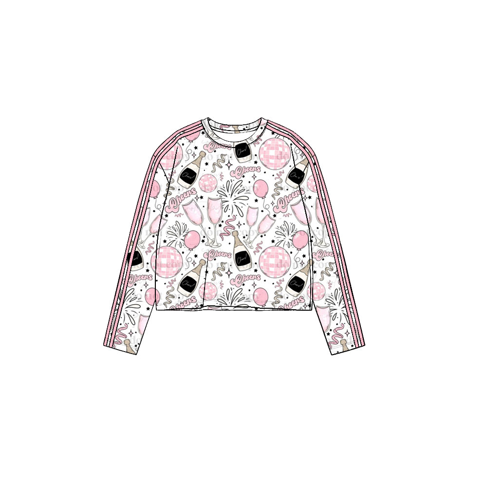 8.19 GT1862 Preorder Cheers Stars Pink Bows Print Girls Happy New Year Yoga Tee Shirts Top