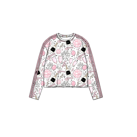 8.19 GT1862 Preorder Cheers Stars Pink Bows Print Girls Happy New Year Yoga Tee Shirts Top