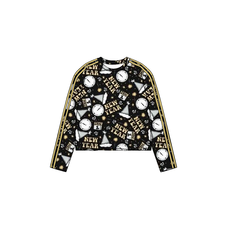 8.19 GT1863 Preorder Jan 1 Stars Black Print Girls Happy New Year Yoga Tee Shirts Top
