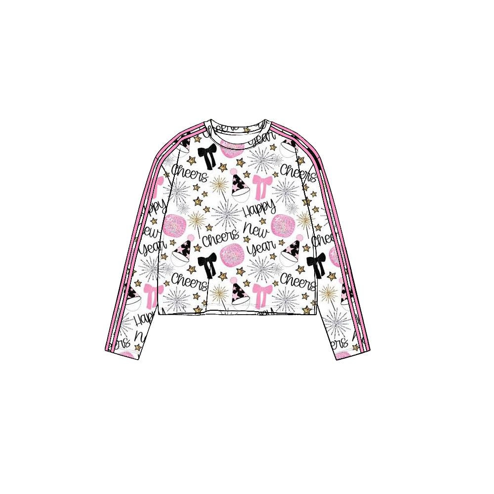 8.19 GT1865 Preorder Cheers Stars Pink Print Girls Happy New Year Yoga Tee Shirts Top