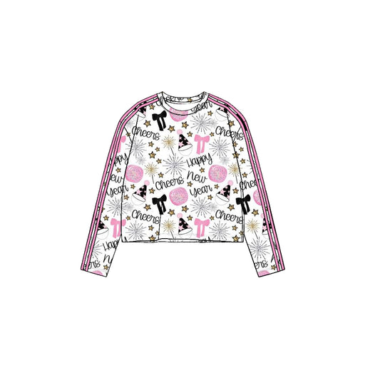 8.19 GT1865 Preorder Cheers Stars Pink Print Girls Happy New Year Yoga Tee Shirts Top