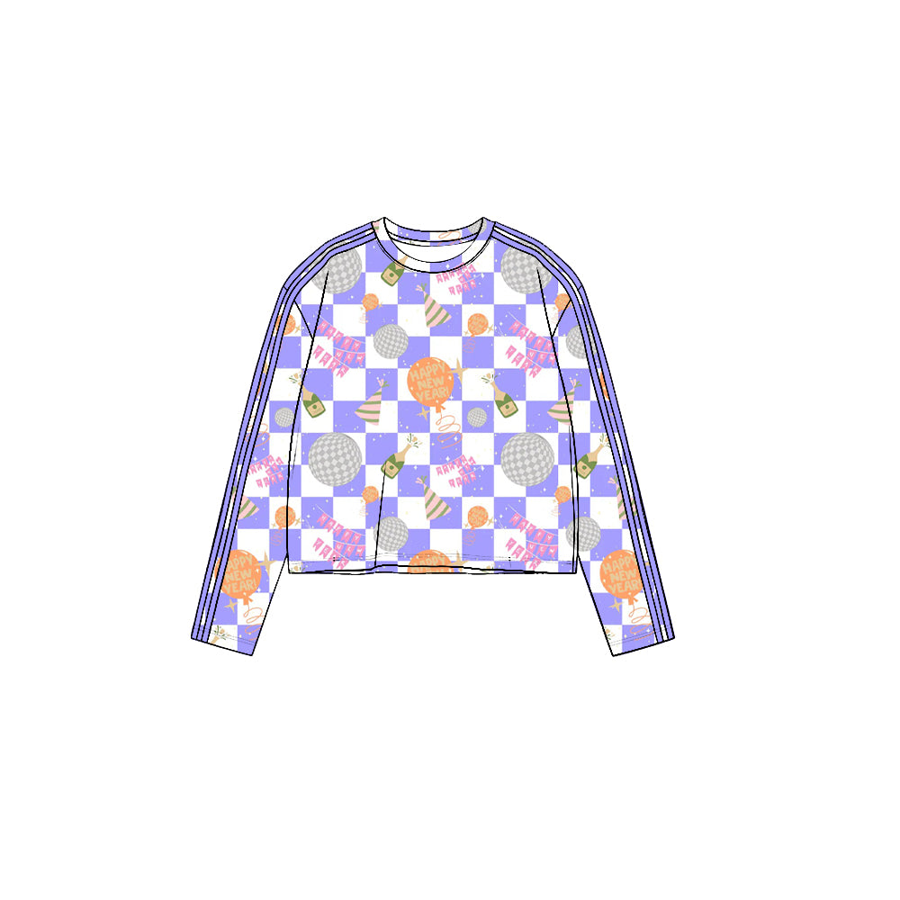 8.19 GT1866 Preorder Cheers Purple Checkered Print Girls Happy New Year Yoga Tee Shirts Top