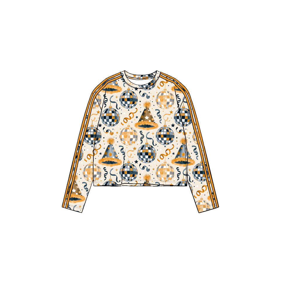 8.19 GT1868 Preorder Cheers Stars Gold Print Girls Happy New Year Yoga Tee Shirts Top
