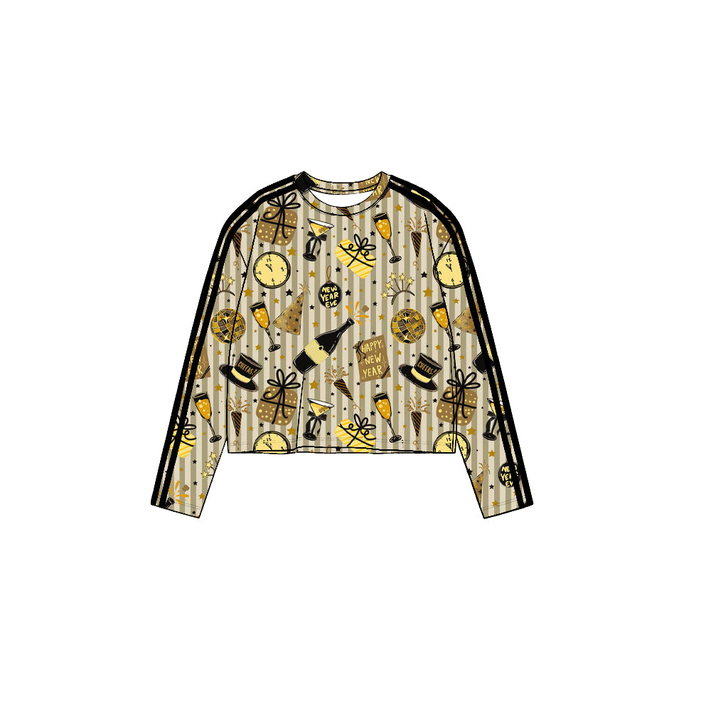 8.19 GT1869 Preorder Cheers Stars Gold Stripes Print Girls Happy New Year Yoga Tee Shirts Top