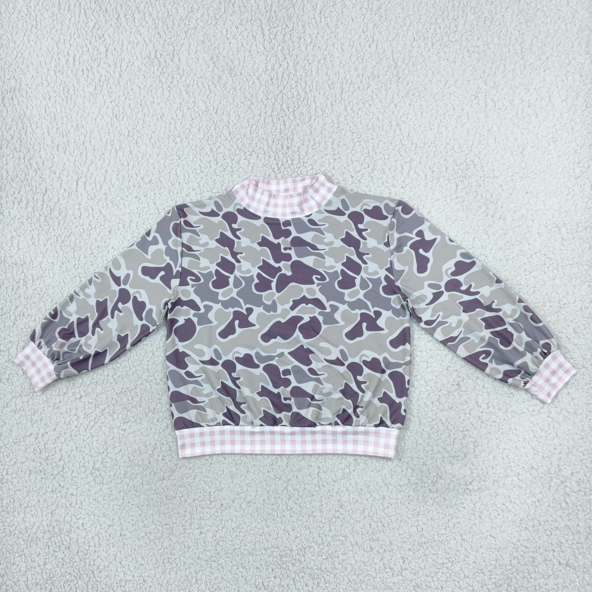 Dark Grey Camo Print Girls Long Sleeve Pink Gingham Mock Neck Tee Shirts Top