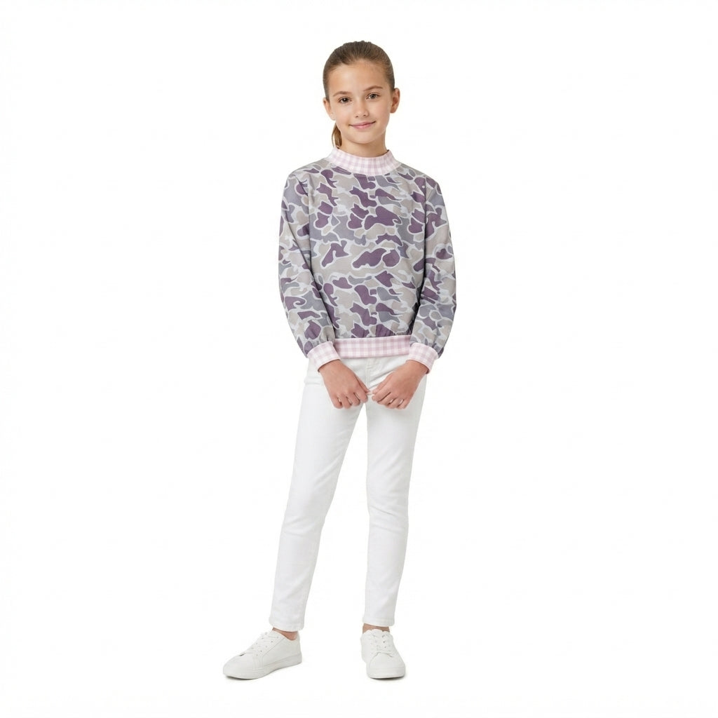 Dark Grey Camo Print Girls Long Sleeve Pink Gingham Mock Neck Tee Shirts Top
