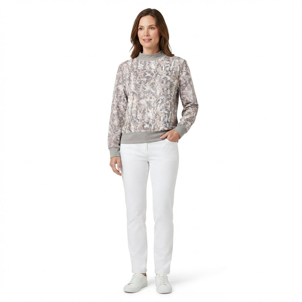 GT1883 Adult Grey Leaf Camo Active Sweatshirt Olive Trim Woman Mock Neck Long Sleeve Yoga Tee Shirts Top