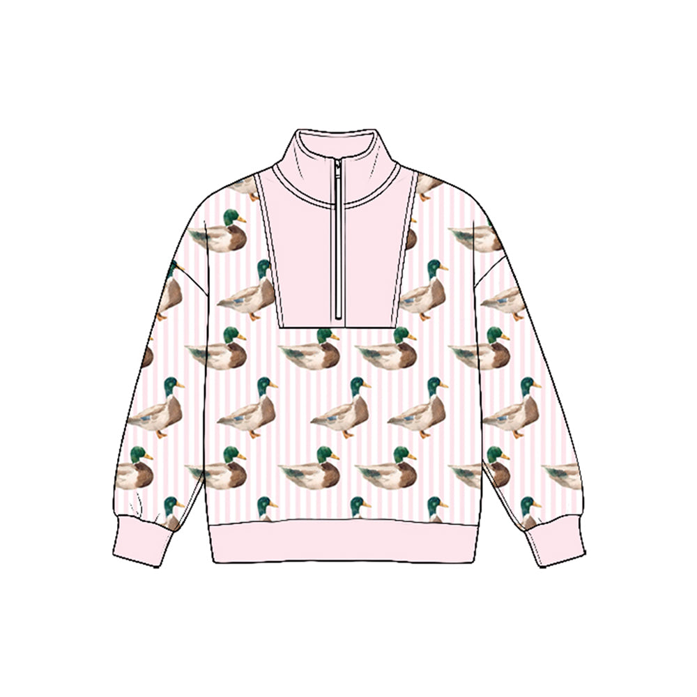 8.25 GT1884 Preorder Duck Pink Stripes Print Girls Zipper Pullover Top