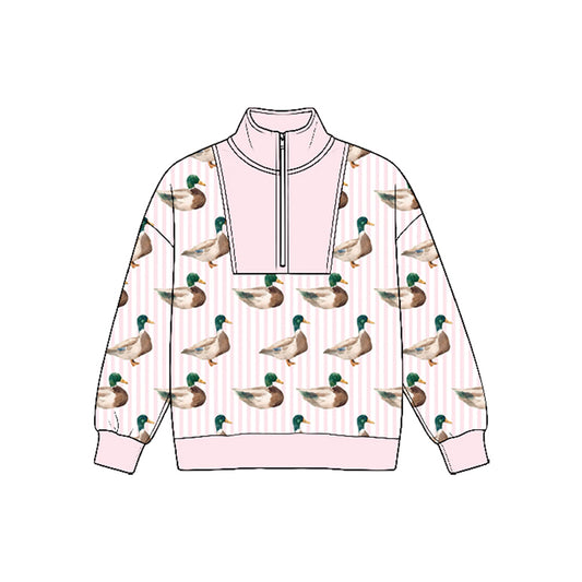 8.25 GT1884 Preorder Duck Pink Stripes Print Girls Zipper Pullover Top