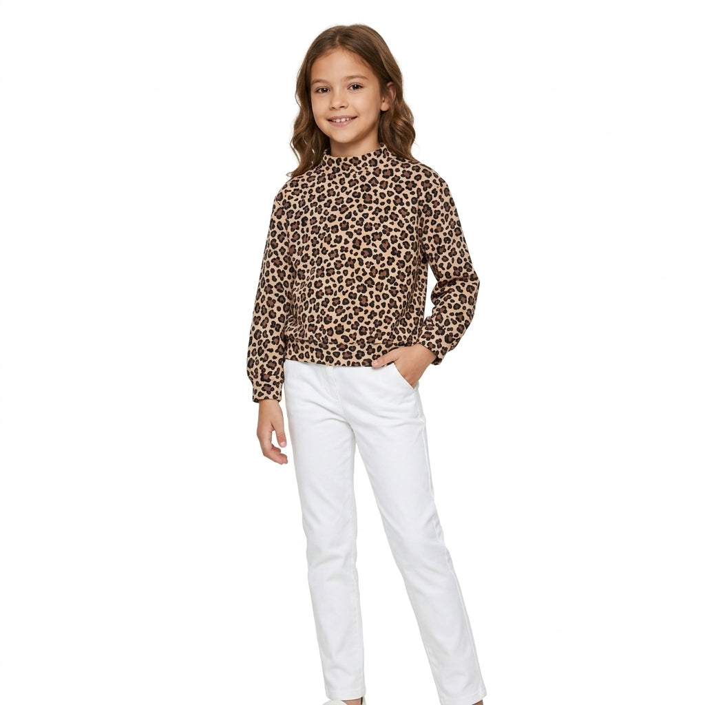 GT1904 Leopard Girls Mock Neck Yoga Long Sleeve Tee Shirts Top