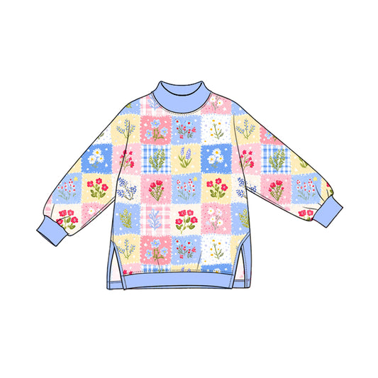 GT1982 Preorder Colorful Flowers Checkered Active Girls Long Sleeve Yoga Tee Shirts Top