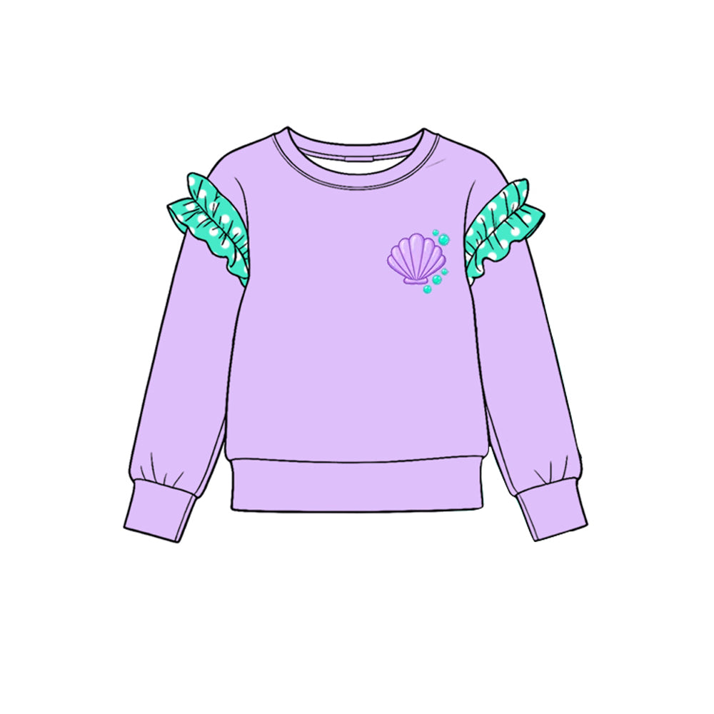 10.21 GT1993 Preorder Seashell Print Dot Ruffle Flutter Sleeve Girls Lavender Tee Shirts Top