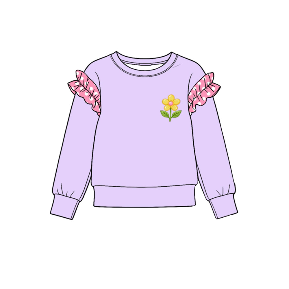 10.21 GT1994 Preorder Flower Print Dot Ruffle Flutter Sleeve Girls Lavender Tee Shirts Top