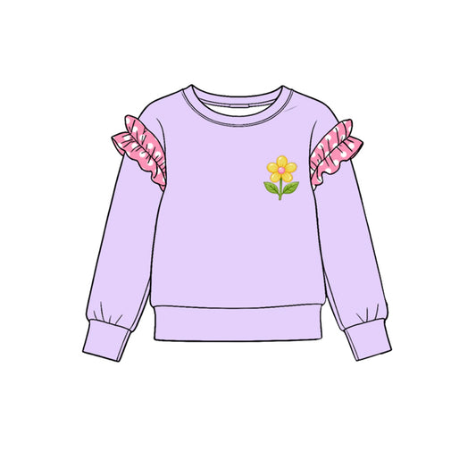 10.21 GT1994 Preorder Flower Print Dot Ruffle Flutter Sleeve Girls Lavender Tee Shirts Top