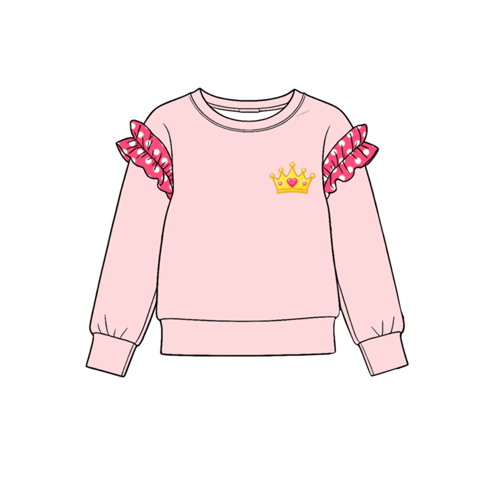10.21 GT1995 Preorder Crown Print Dot Ruffle Flutter Sleeve Girls Pink Tee Shirts Top