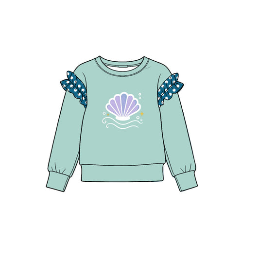 10.22 GT2003 Preorder Seashell Print Dot Ruffle Flutter Sleeve Girls Mint Tee Shirts Top