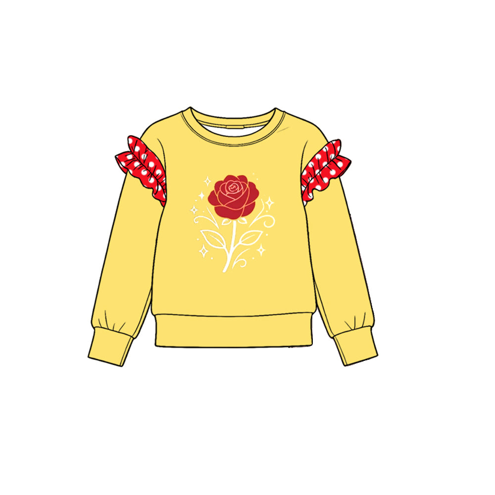 10.22 GT2007 Preorder Rose Print Dot Ruffle Flutter Sleeve Girls Yellow Tee Shirts Top