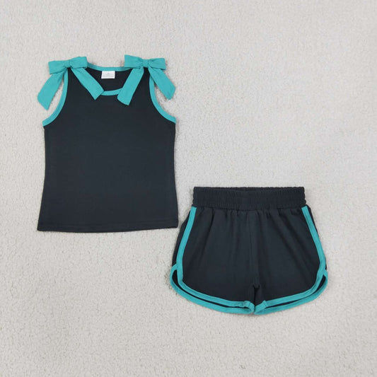 GSSO3856 Teams Blue Bows Vest Top Black Pockets Shorts Girls Cotton Summer Clothes Set