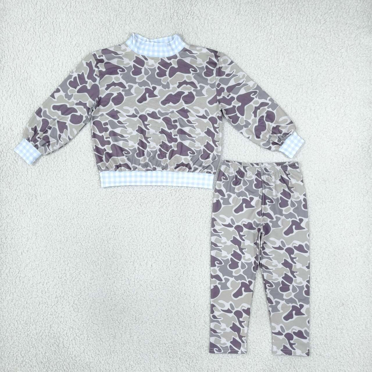 BLP1567 Dark Brown Camo Blue Gingham Mock Neck Top Pants Boys Fall Clothes Set
