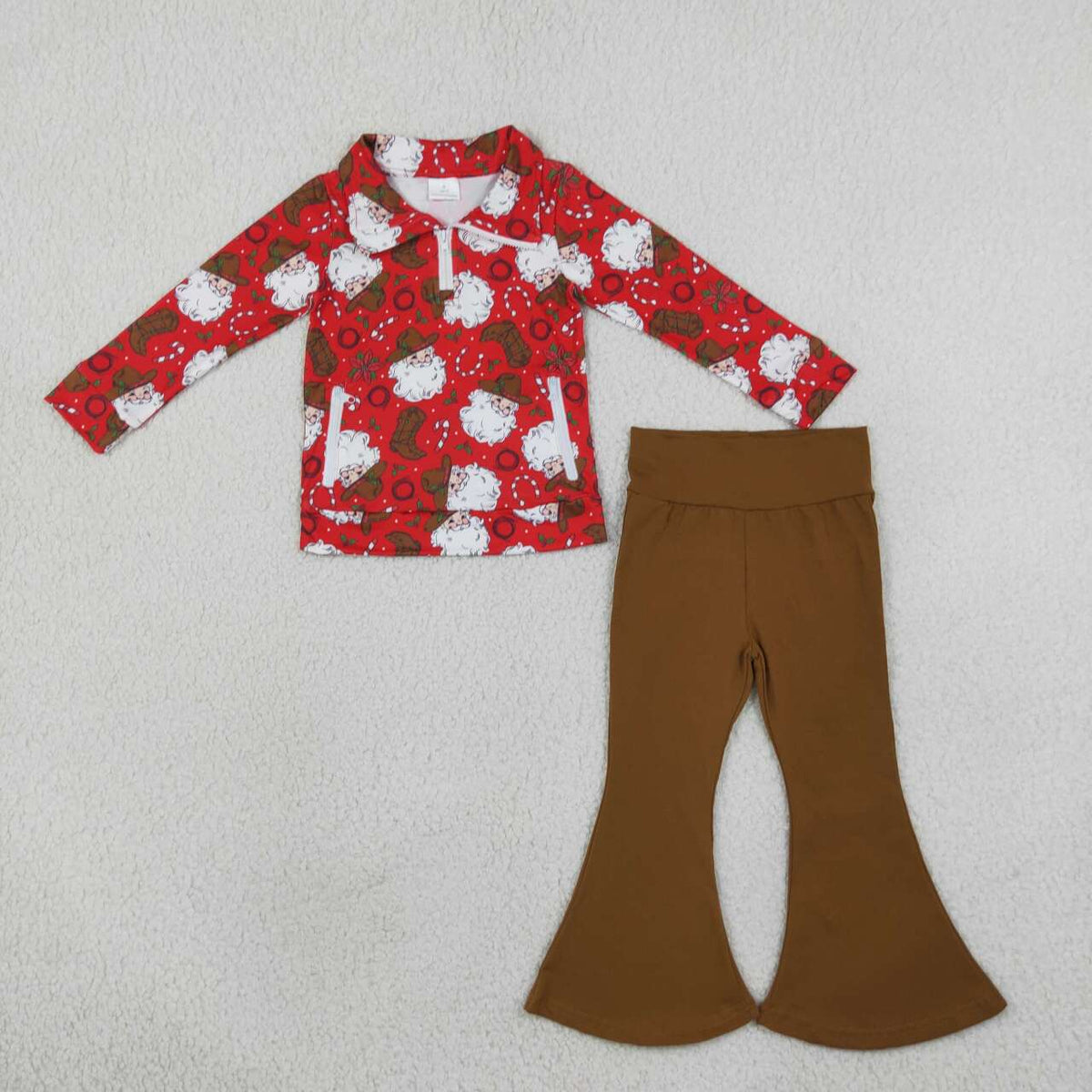 Kids Christmas Cowboy Pullover Top with Brown Bell Bottom Pants Outfit